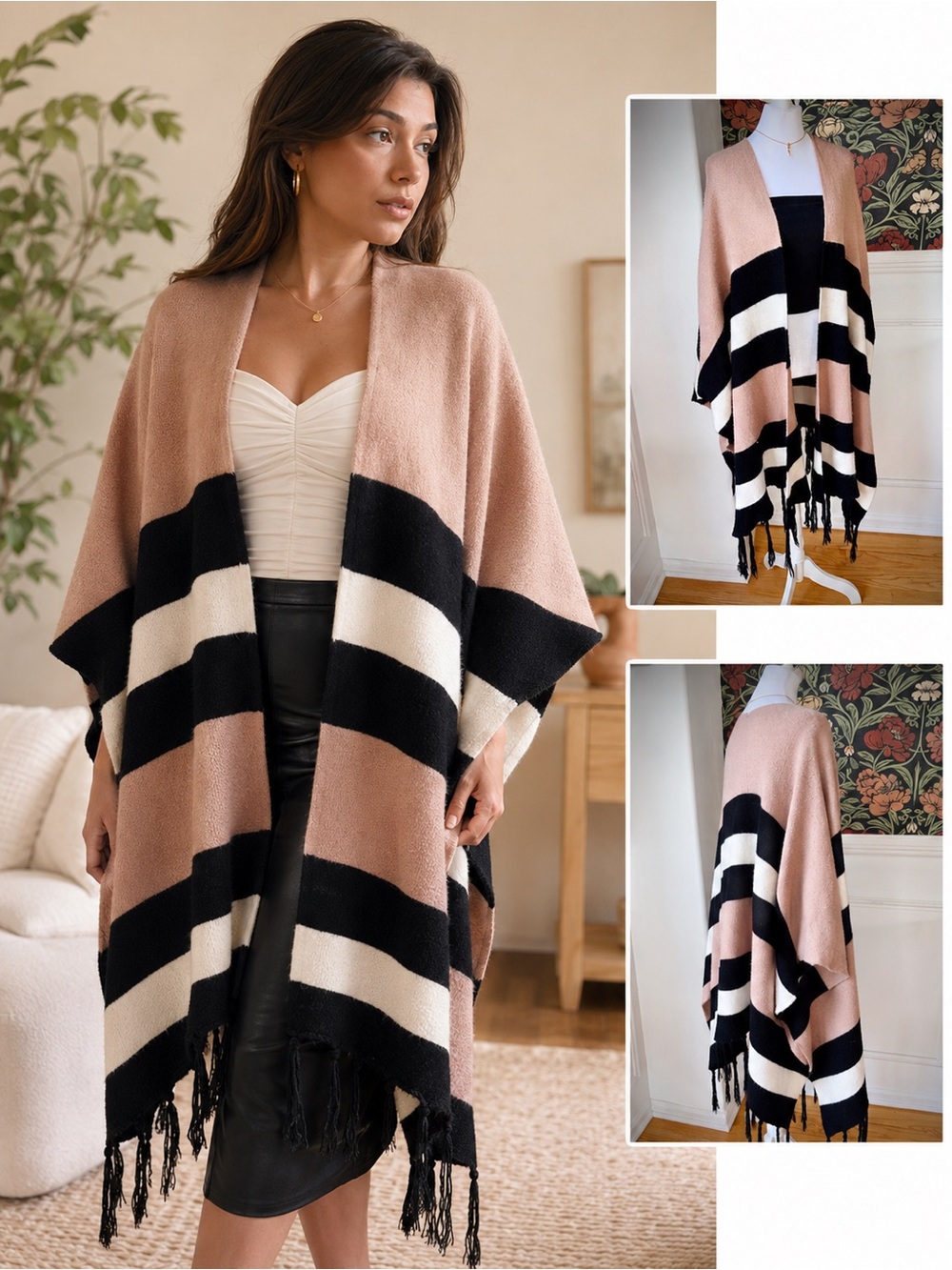Boutique Anna-Kaci Striped Fringe Ruana Cardigan Boho Wrap